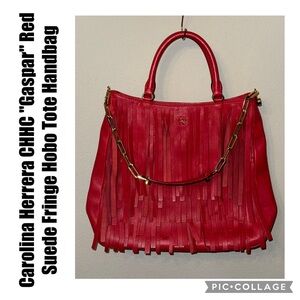 Carolina Herrera CHHC "Gaspar" Red Suede Fringe Hobo Tote Handbag